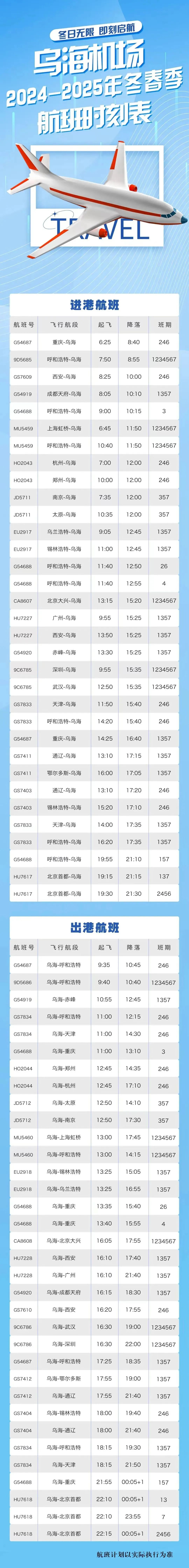 乌海机场最新时刻表